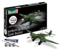 Revell74692 Junkers Ju87 G/D starter kit box, assembled example and included paints, glue and brush