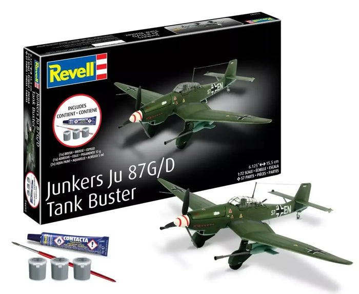 Revell74692 Junkers Ju87 G/D starter kit box, assembled example and included paints, glue and brush
