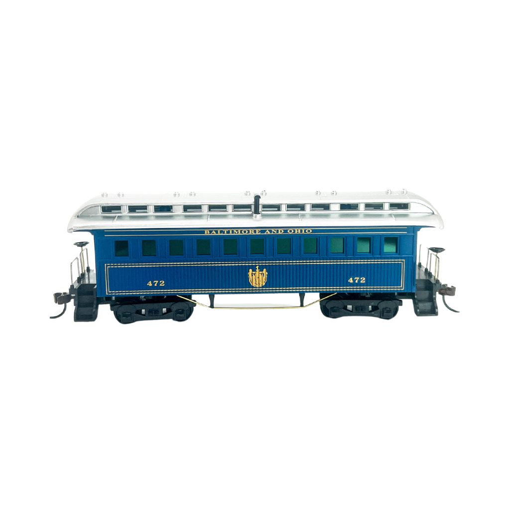 Rock Island Hobby 032221 HO vintage 1890 Baltimore and Ohio coach 472, blue body and silver clerestory roof.