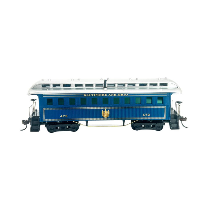 Rock Island Hobby 032221 HO vintage 1890 Baltimore and Ohio coach 472, blue body and silver clerestory roof.