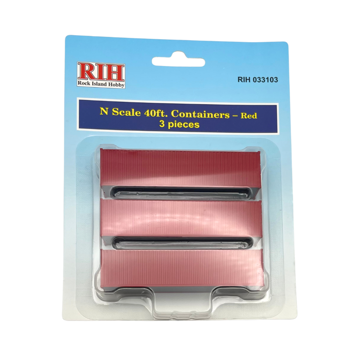 Rock Island Hobby RIH033103 N scale 40-foot red containers, three-piece retail package.