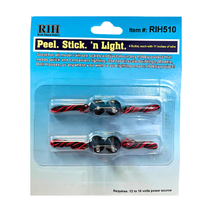 Rock Island Hobby RIH510 Peel Stick 'n Light four-bulb pack, manufacturer package photograph.