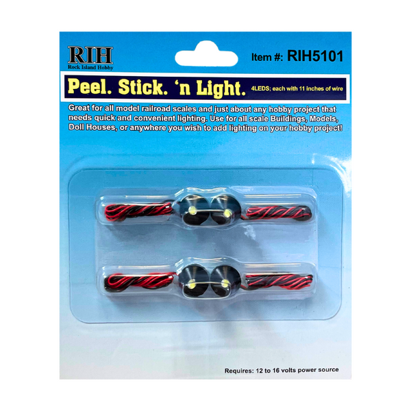 Rock Island Hobby RIH5101 Peel Stick 'n Light four-LED pack, manufacturer package photograph.