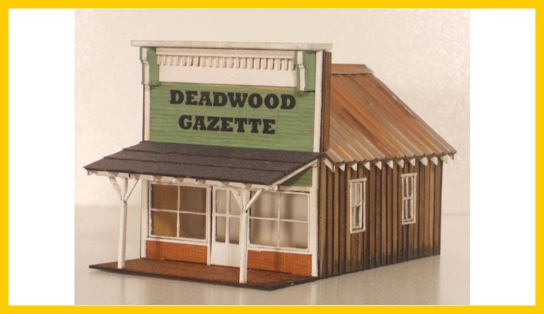RS Laser Kits 2036-B HO scale LG's Billiards and Deadwood Gazette building kit, assembled Deadwood Gazette example