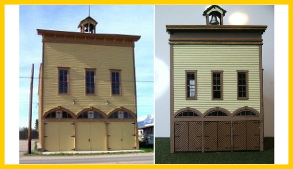 RS Laser Kits 2037-B HO scale Silver Cliff Firehouse and Town Hall kit, prototype building beside assembled model