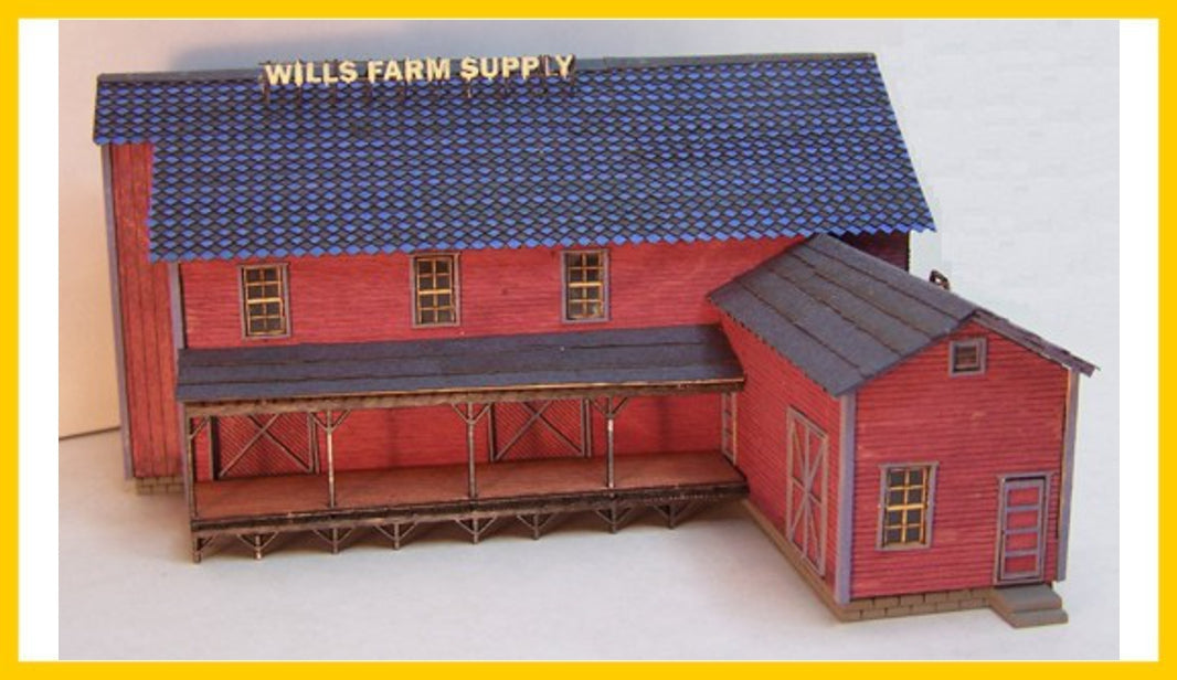 RS Laser Kits 3008-B N scale Wills Feed and Seed building kit, assembled example