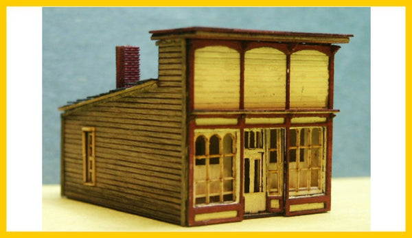 RS Laser Kits 3023-B N scale Dakra's Dry Goods building kit, assembled example