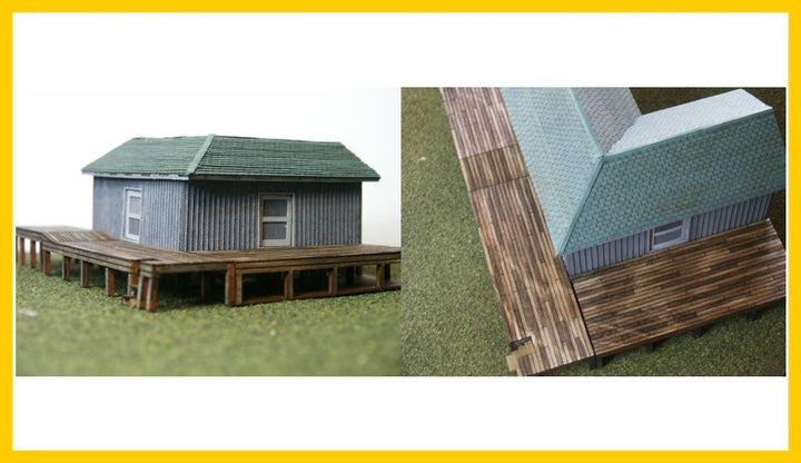 RS Laser Kits 3039-B N scale Linden Freight House building kit, assembled example with scenery