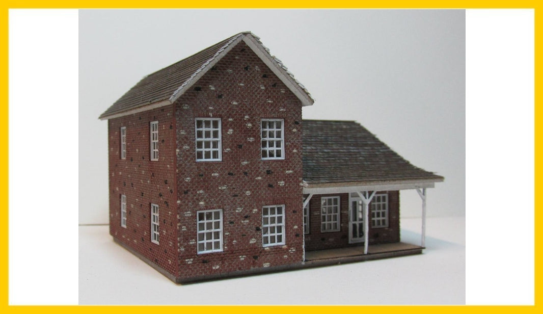 RS Laser Kits 3055-B N scale Brick Farm House building kit, assembled example
