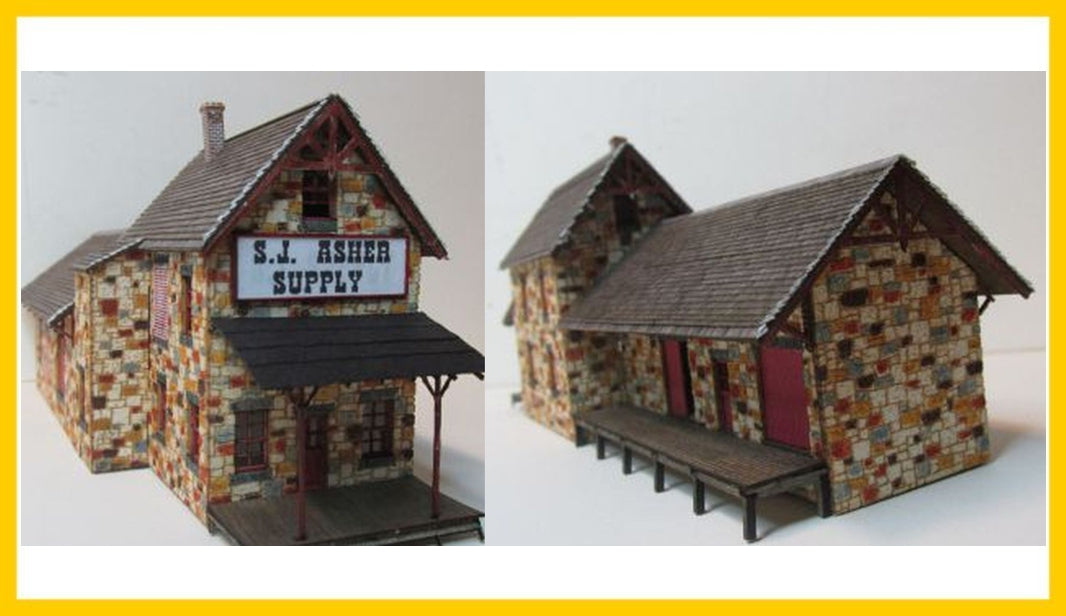 RS Laser Kits 3062-B N scale S. J. Asher Supply building kit, assembled example from two angles