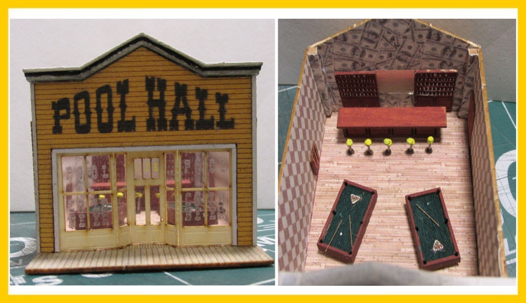 RS Laser Kits 3068-B N scale Pool Hall building kit, assembled exterior and interior example