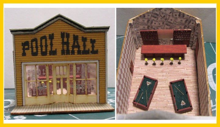 RS Laser Kits 3068-B N scale Pool Hall building kit, assembled exterior and interior example