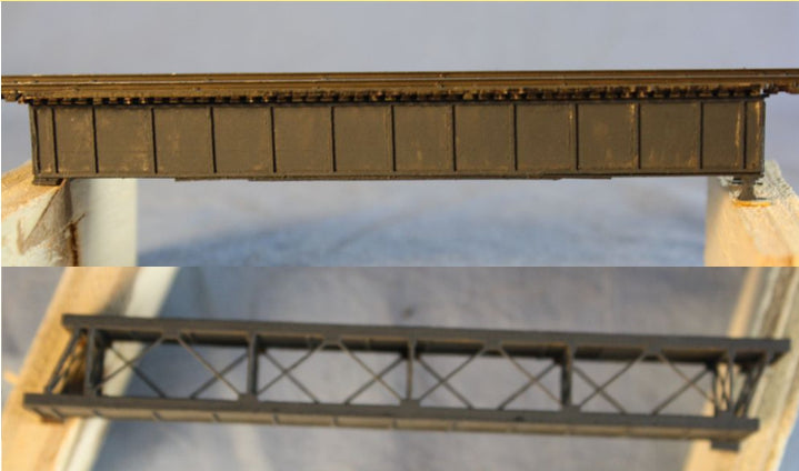 RS Laser Kits 31034 N scale 30-foot plate girder bridge kit, assembled side and underside views