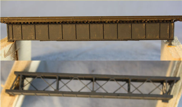 RS Laser Kits 31034 N scale 30-foot plate girder bridge kit, assembled side and underside views