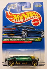 Carded 2000 Hot Wheels Treasure Hunt Lakester in metallic green, front view