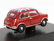 Oxford NMN001 Tartan Red Austin Mini with Union Jack roof, 1:148 scale, rear three-quarter view on display plinth