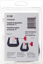 Reverse of Zona 37-230 C-clamp package showing materials and product barcode