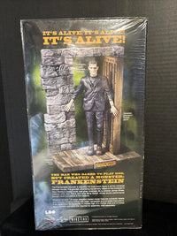 Moebius Frankenstein kit box back showing the figure, stone doorway and plank-floor base
