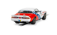 Scalextric C4300 Chevrolet Camaro Z28 Peter John number 77 slot car - rear three-quarter view