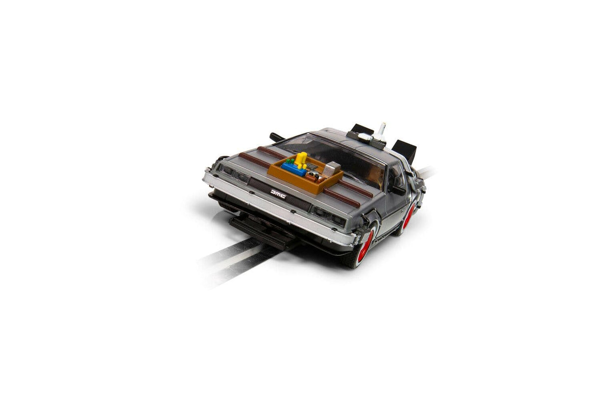 Scalextric C4307 Back to the Future Part III Time Machine slot car - front three-quarter view