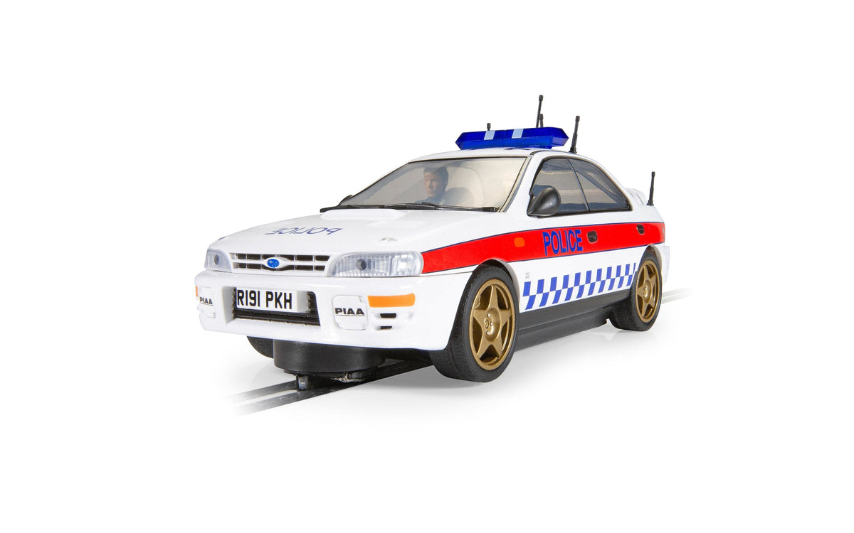 Scalextric C4429 Subaru Impreza WRX Police Edition slot car - front three-quarter view