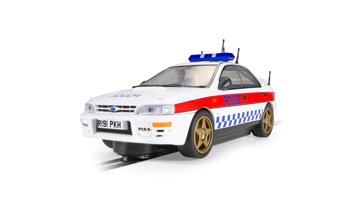 Scalextric C4429 Subaru Impreza WRX Police Edition slot car - front three-quarter view