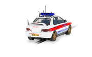 Scalextric C4429 Subaru Impreza WRX Police Edition slot car - rear three-quarter view