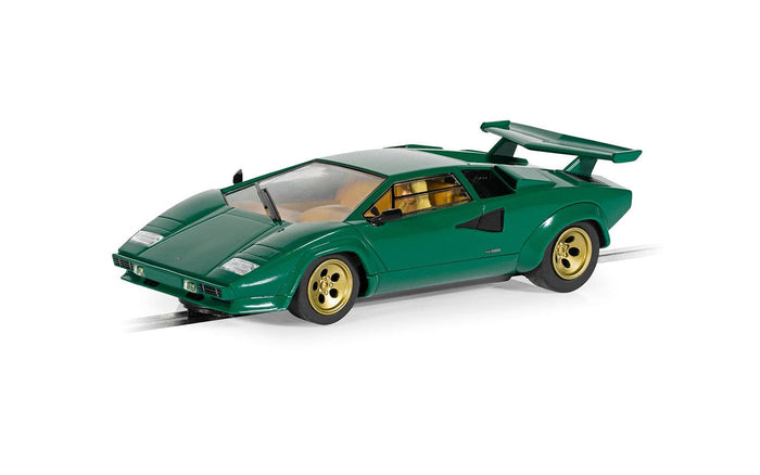 Scalextric C4500 Lamborghini Countach green slot car with gold wheels, front three-quarter view