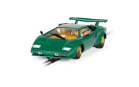 Scalextric C4500 Lamborghini Countach green slot car with gold wheels, front view