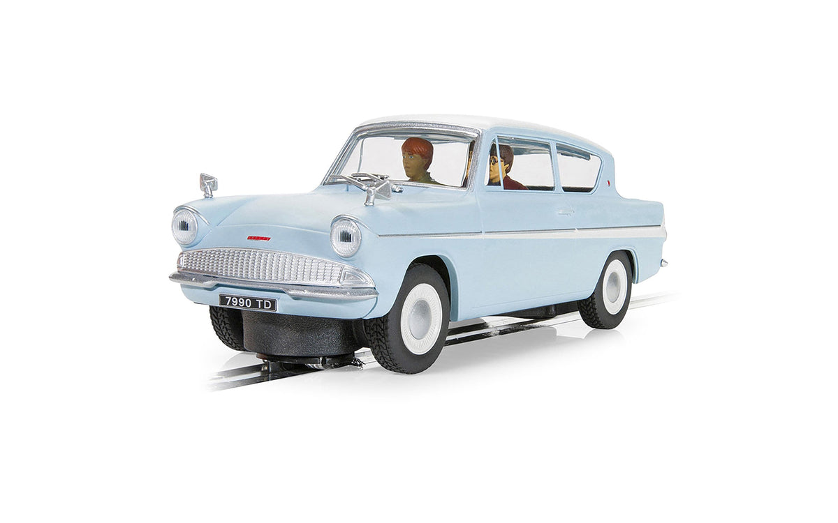 Scalextric C4504 Ford Anglia 105E Harry Potter Edition light blue slot car, front three-quarter view