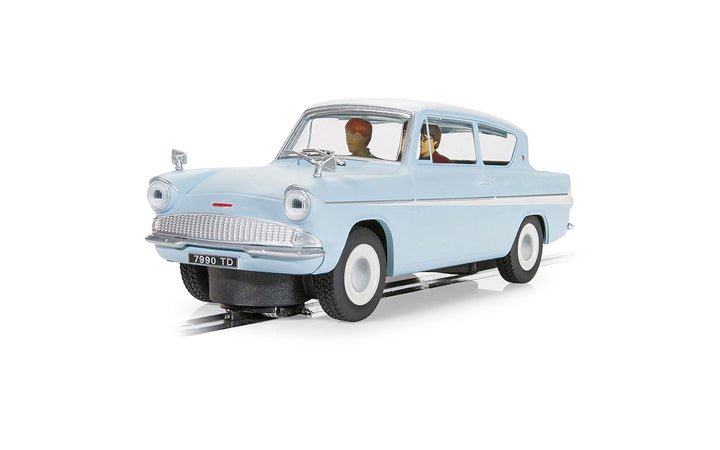 Scalextric C4504 Ford Anglia 105E Harry Potter Edition light blue slot car, front three-quarter view