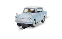 Scalextric C4504 Ford Anglia 105E Harry Potter Edition light blue slot car, front view