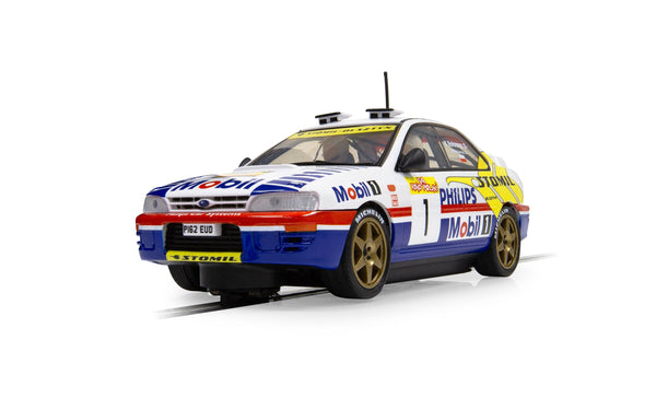 Scalextric C4507 Subaru Impreza WRX 1997 ERC Champion No. 1 slot car, front three-quarter view