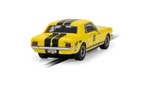 Scalextric C4537 Ford Mustang Rassler Racing No. 99 yellow slot car, rear three-quarter view