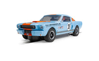 Scalextric C4570 Shelby GT350 Gulf Edition No. 21 blue and orange slot car, front three-quarter view