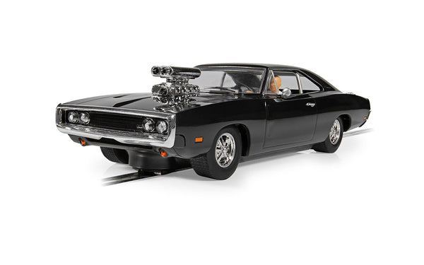 Scalextric C4573 Dom Toretto Dodge Charger Fast and Furious black slot car, front three-quarter view