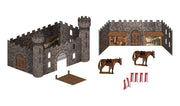 Scene-A-Rama SP4134 Castle Kit manufacturer illustration of castle, drawbridge, interior scenes, horses and flags