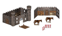 Scene-A-Rama SP4134 Castle Kit manufacturer illustration of castle, drawbridge, interior scenes, horses and flags