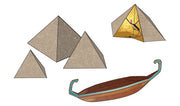 Scene-A-Rama SP4136 Pyramid Kit manufacturer illustration of three full pyramids, one cut-away pyramid and one boat
