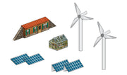 Scene-A-Rama SP4138 Energy Efficient Kit manufacturer illustration of house, greenhouse, two wind turbines and four solar panels