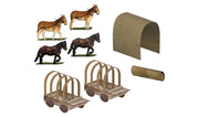 Scene-A-Rama SP4240 Pioneer Kit manufacturer illustration of two wagons, covers, two horses and two mules
