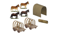 Scene-A-Rama SP4240 Pioneer Kit manufacturer illustration of two wagons, covers, two horses and two mules