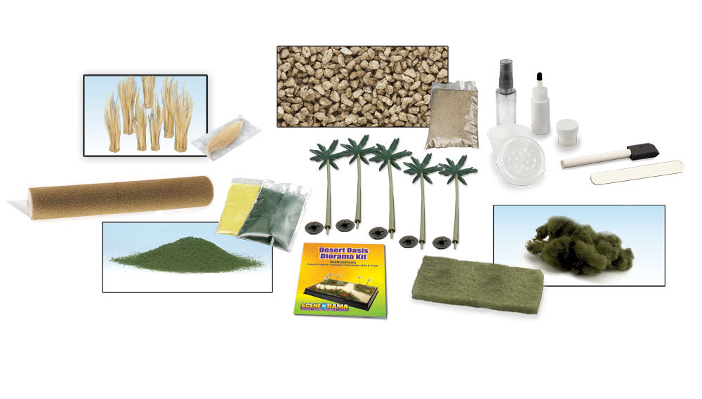 Scene-A-Rama SP4112 Desert Oasis Diorama Kit palm trees, scenery materials, adhesive and tools; project base sold separately.