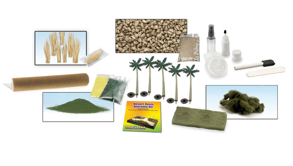 Scene-A-Rama SP4112 Desert Oasis Diorama Kit palm trees, scenery materials, adhesive and tools; project base sold separately.