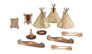 Scene-A-Rama SP4133 manufacturer illustration of assembled tepees, canoes, paddles, animal hides and fire pits.