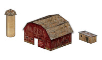 Scene-A-Rama SP4241 Farm Kit, manufacturer illustration of assembled barn, silo and shed