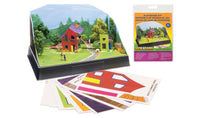 Scene-A-Rama SP4243 Playhouse Kit packaging and printed sheets beside a diorama example; base, backdrop, figures and landscaping sold separately