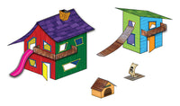 Scene-A-Rama SP4243 Playhouse Kit, manufacturer illustration of assembled playhouses, bridge, slide, doghouse and raft