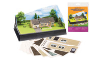 Scene-A-Rama SP4244 Home Kit packaging and printed sheets beside a diorama example; base, backdrop, figures and landscaping sold separately