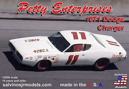 Salvinos JR Models PEDC1971DA box showing Petty Enterprises white number 11 1971 Dodge Charger, 1/25 scale.